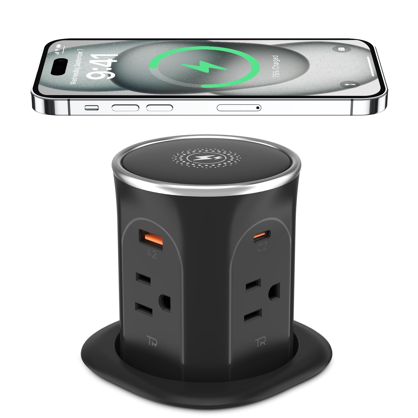 3.15In Pop Up Countertop Outlet With 15W Wireless Charger, Max 20W Usb Power Delivery 15A Tamper Resistant, Desktop Surface Moun